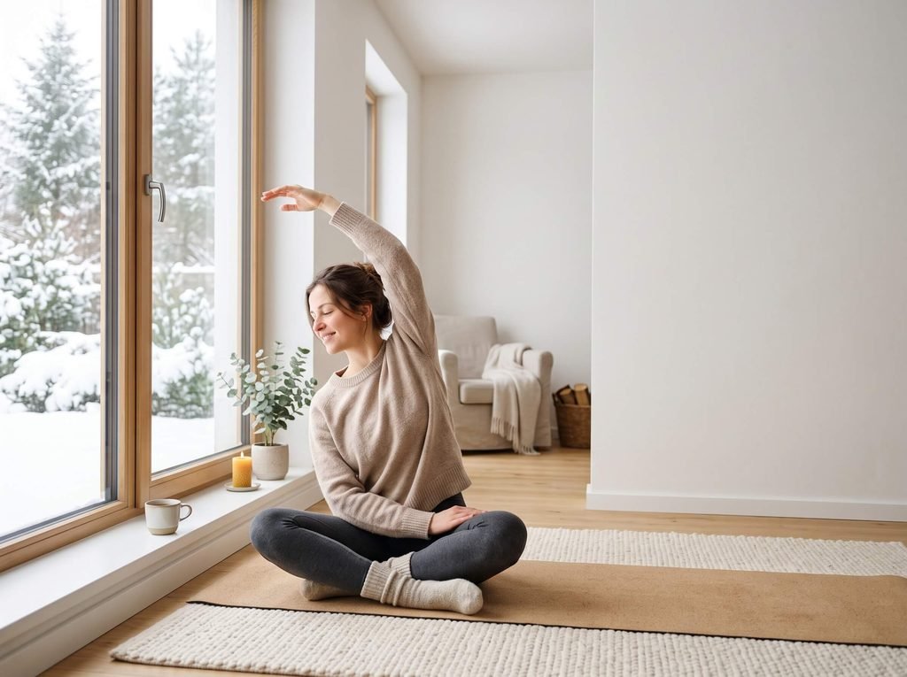 yoga primer trimestre Mujer embarazada haciendo estiramiento de yoga prenatal sentada frente a una ventana